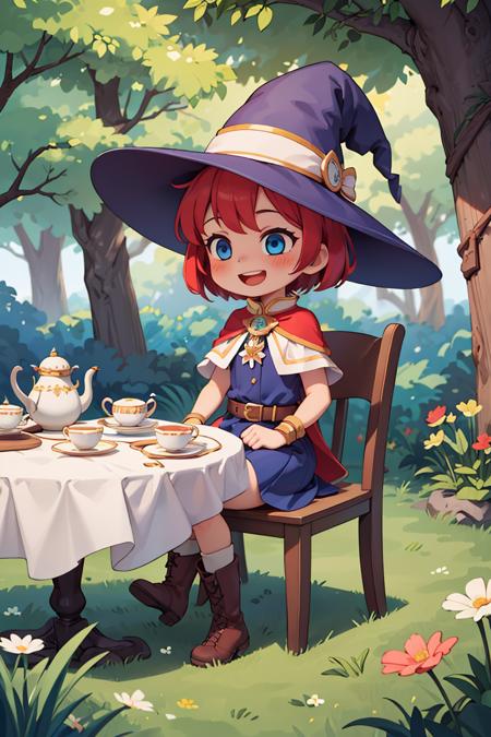 389909-362980509-masterpiece,best quality,dramatic, witch,1girl, hat, tree, solo, blue eyes, flower, teacup, red hair, cat, smile, sitting, blue.png